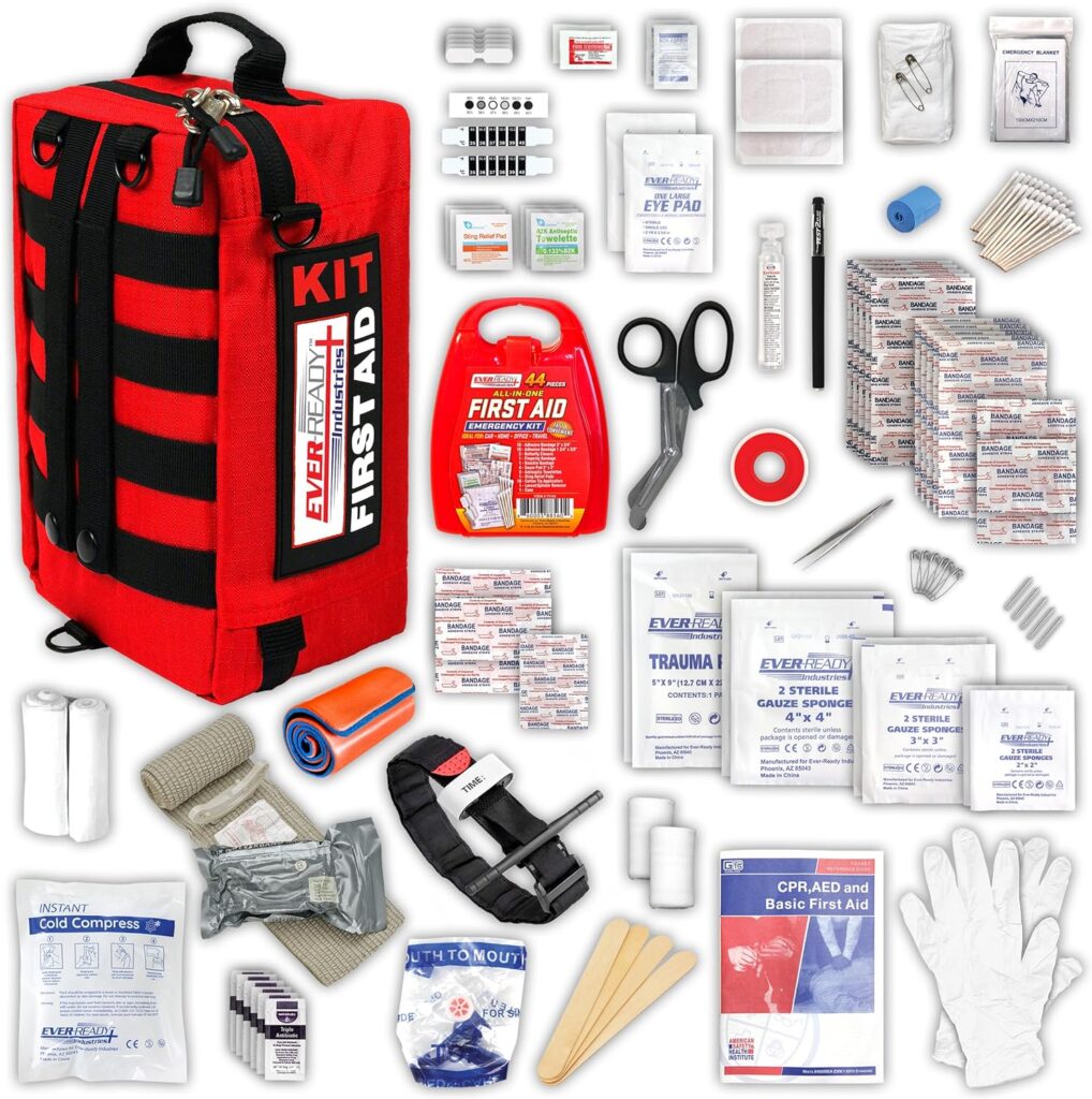 Ever-Ready Industries Premium Trauma First Aid Kit for Outdoors, Workplace, and Home - Exceed OSHA Guidelines and ANSI 2009 Standards - 240 Pieces - Includes Bonus Travel Kit