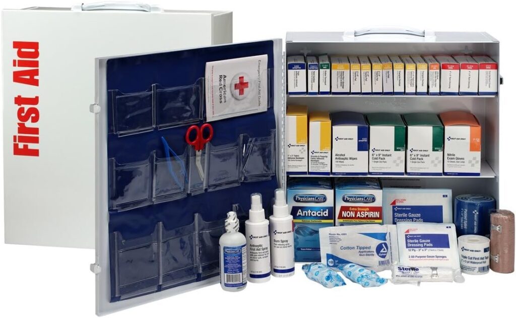 First Aid Only 90575 3-Shelf First Aid Kit for Businesses, ANSI B+ Compliant Metal First Aid Cabinet with Medications, 675 Pieces White