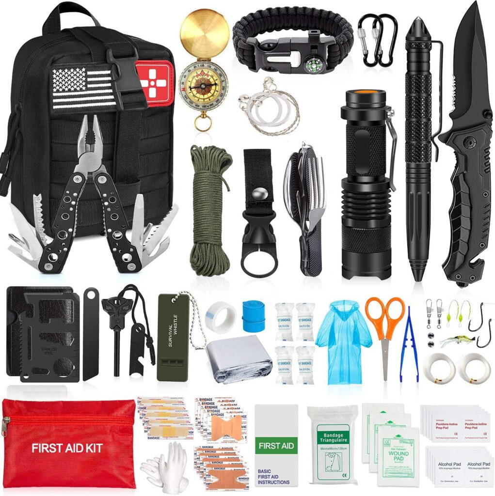 200Pcs Emergency Survival Kit and First Aid Kit Professional Survival Gear SOS Emergency Tool with Molle Pouch for Camping Adventures