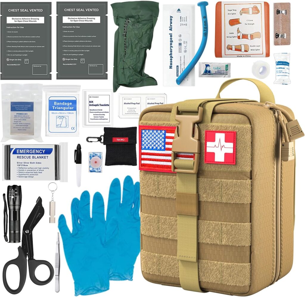 Emergency First Aid Kit with Chest Seals, Naso Tube and Splint - Military Combat Tactical Trauma Kits for Everyday First Aid, Critical Wound, Severe Bleeding Control