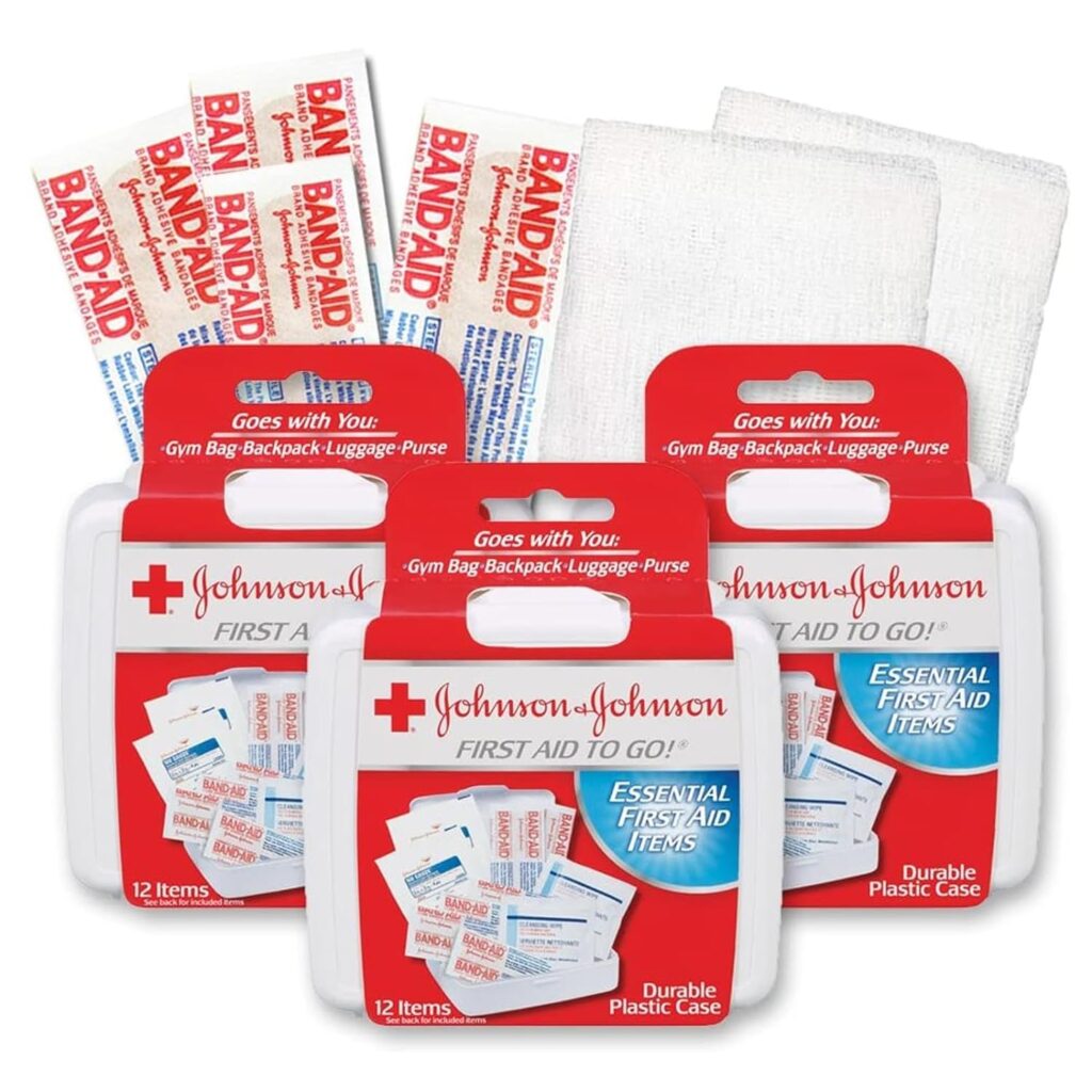 Johnson  Johnson First First Aid Kit for Car, Office, Purse Travel Size (Pack of 3) With Cleansing Wipe